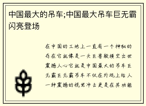中国最大的吊车;中国最大吊车巨无霸闪亮登场
